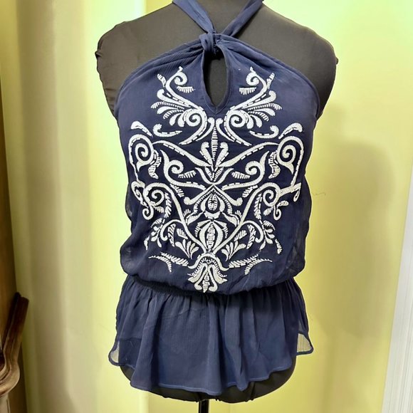 Cache Tops - NWOT CACHE Embroidered Navy Blue Halter Top